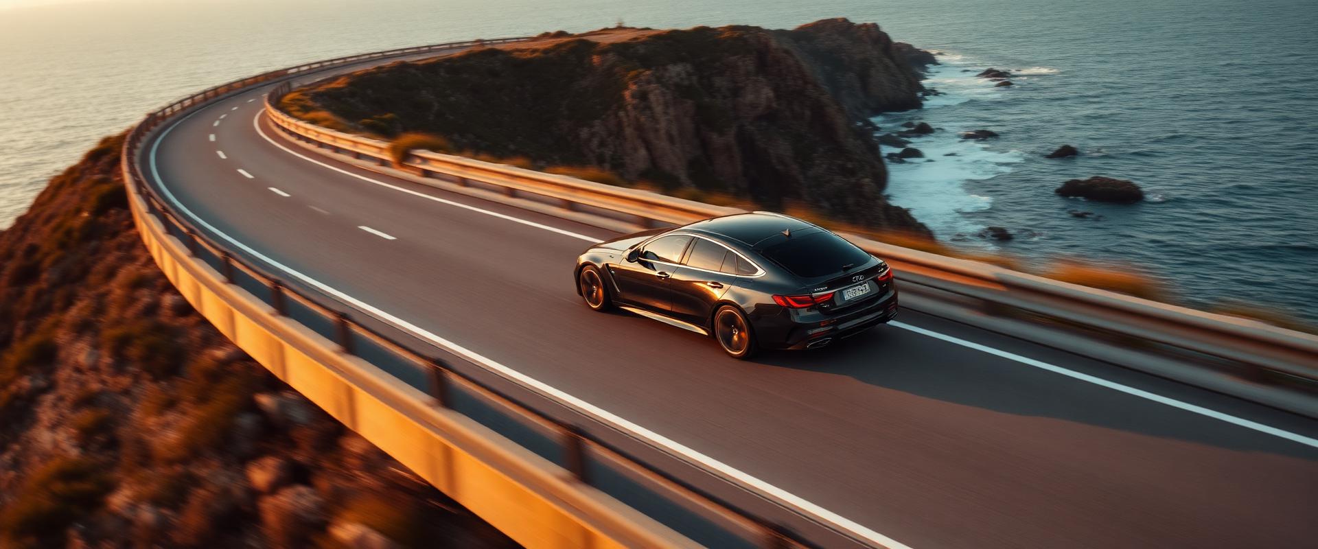 Car driving on scenic coastal highway at golden hour